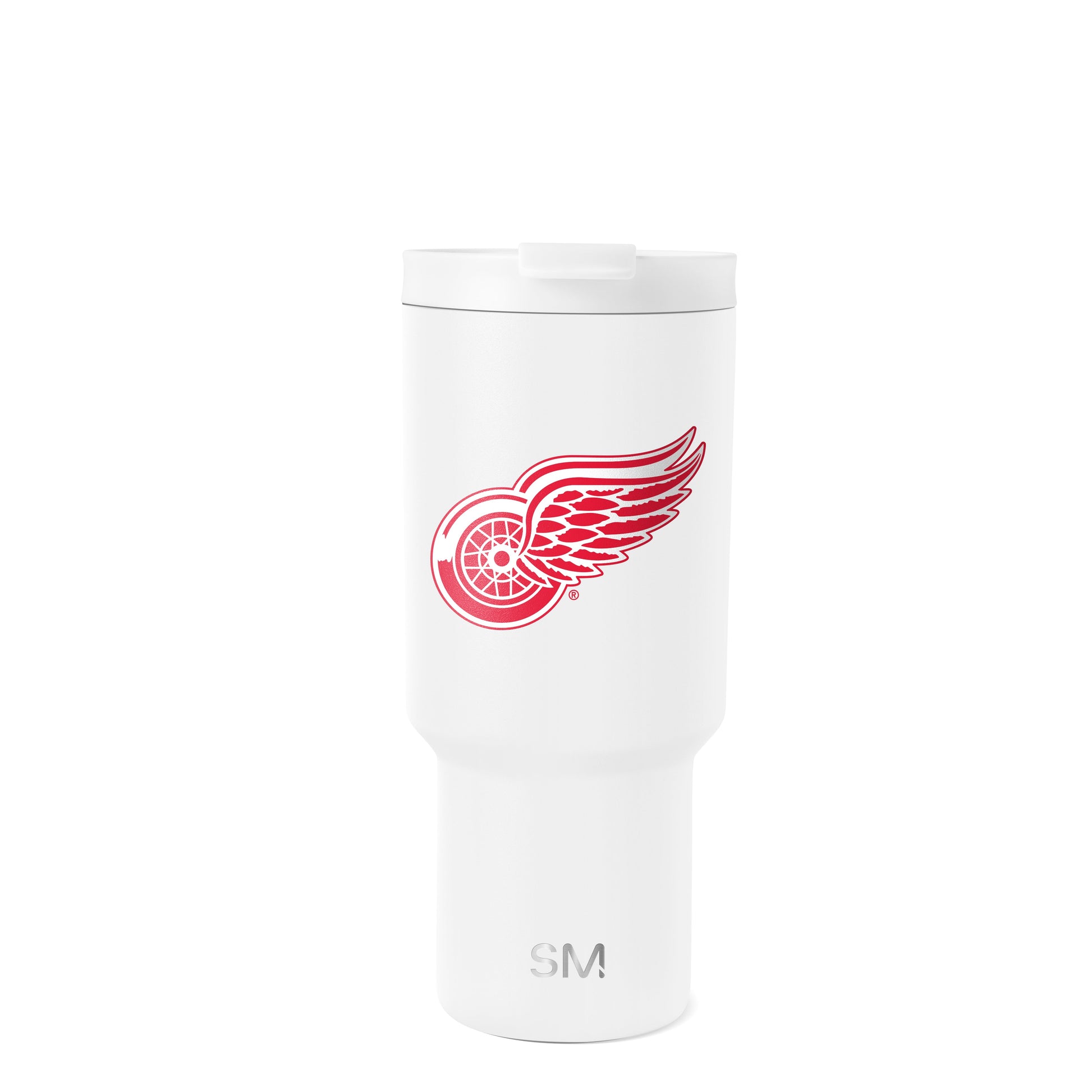 White cylindrical travel tumbler with matching white sliding lid and red accent details on clean white background.