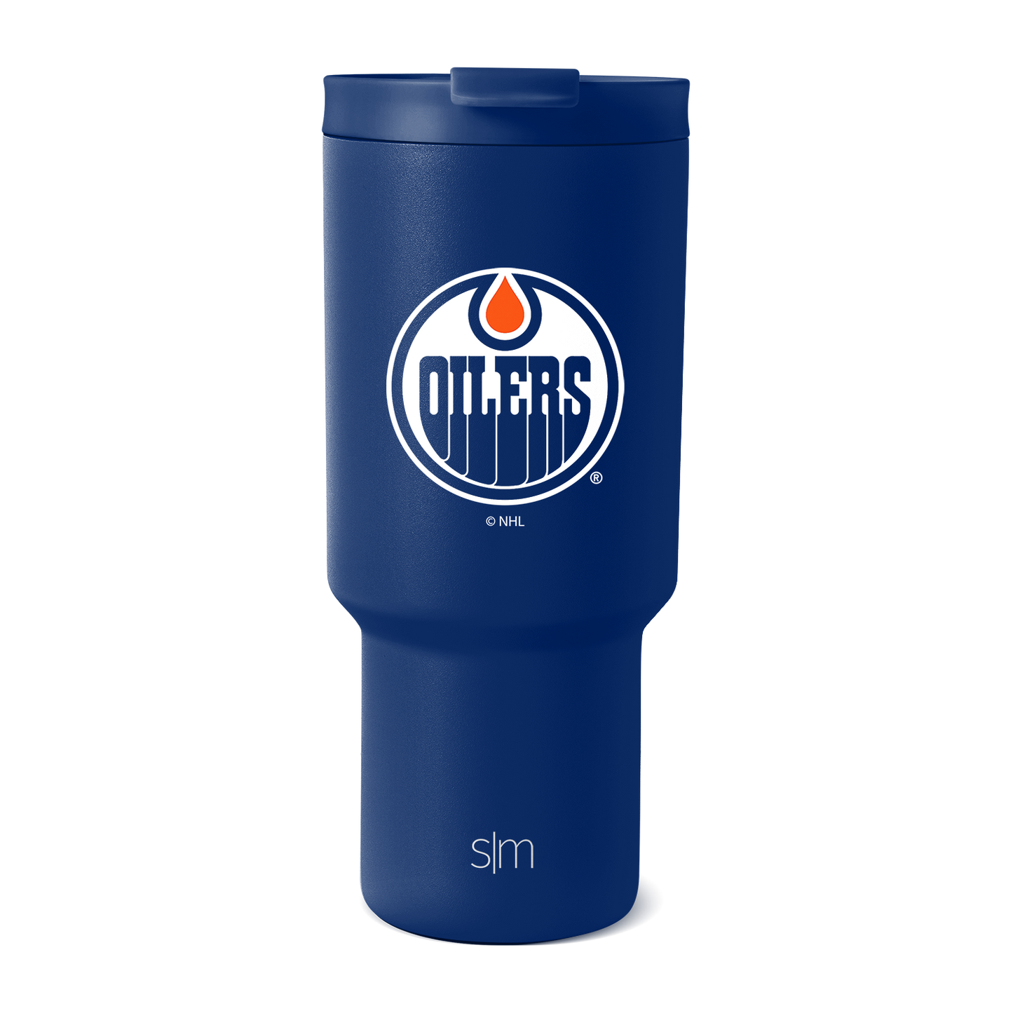 Royal blue insulated tumbler with white accents and integrated lid, shown against white background.