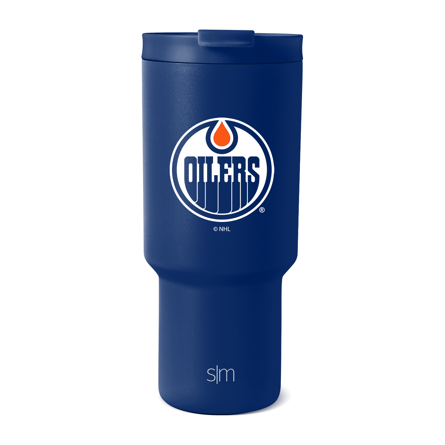 Royal blue insulated tumbler with white accents and integrated lid, shown against white background.