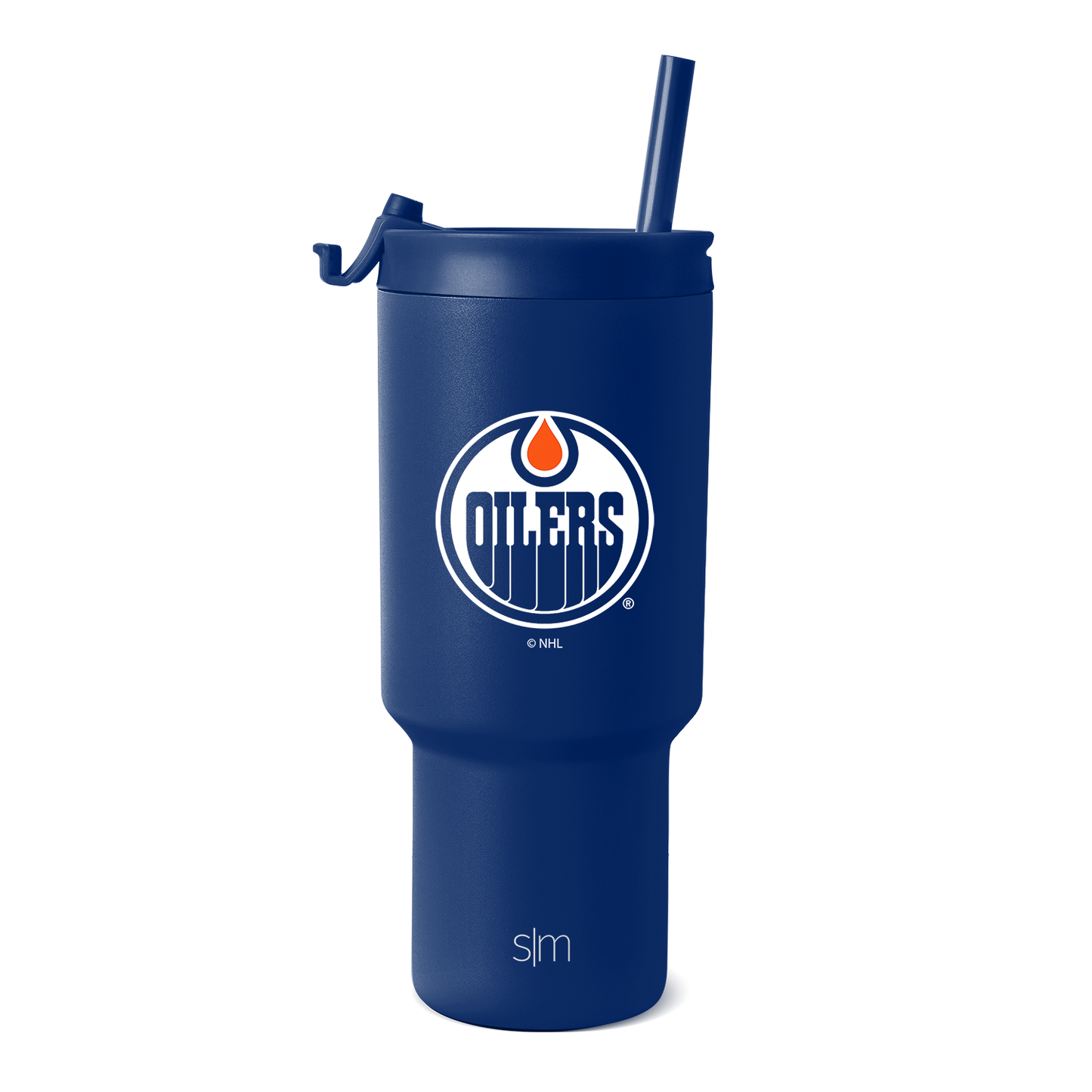 Royal blue tumbler with white text branding and orange accent details
