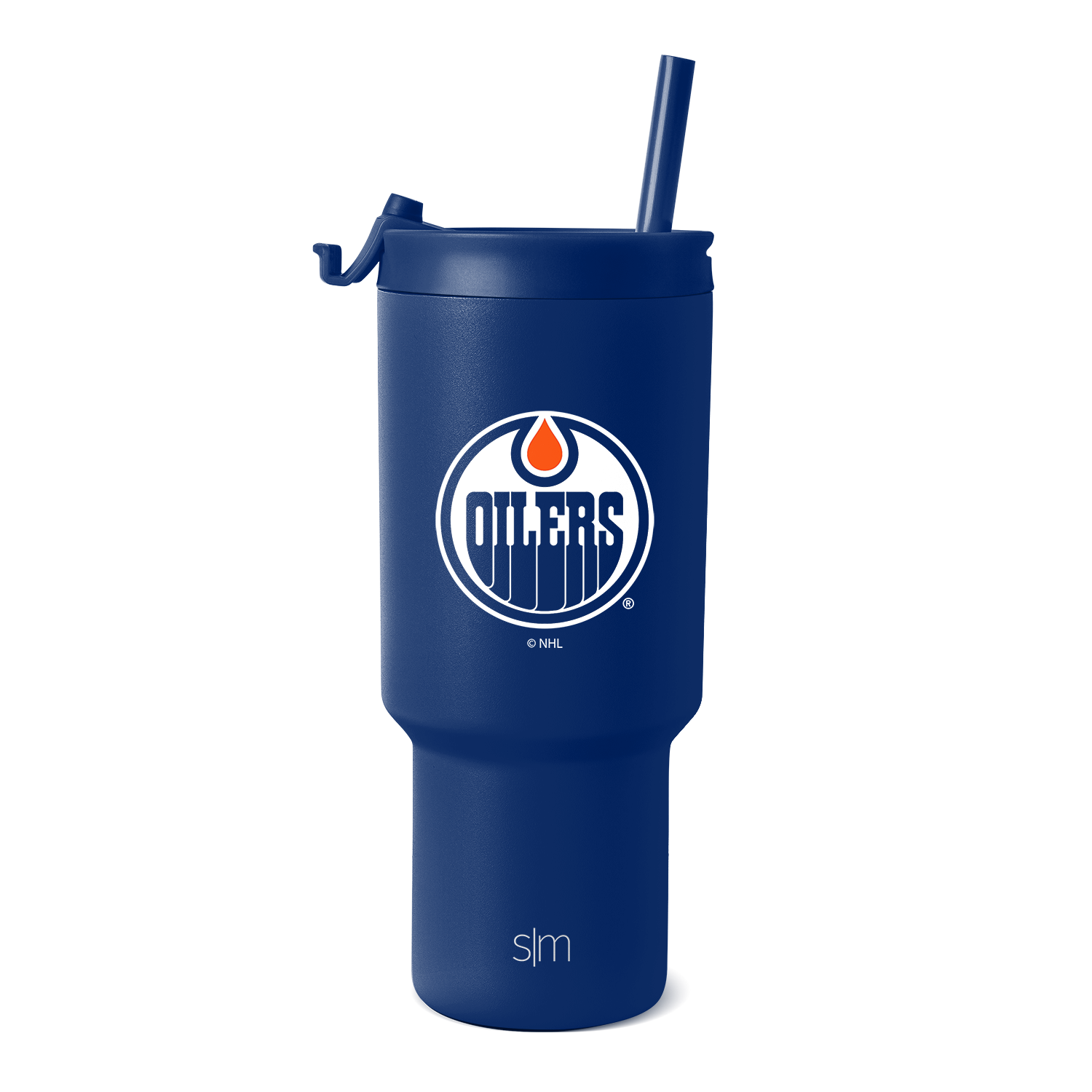 Royal blue tumbler with white text branding and orange accent details