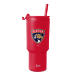 Red tumbler with matching red lid, handle, and straw. Features Florida Panthers logo in navy blue and gold.