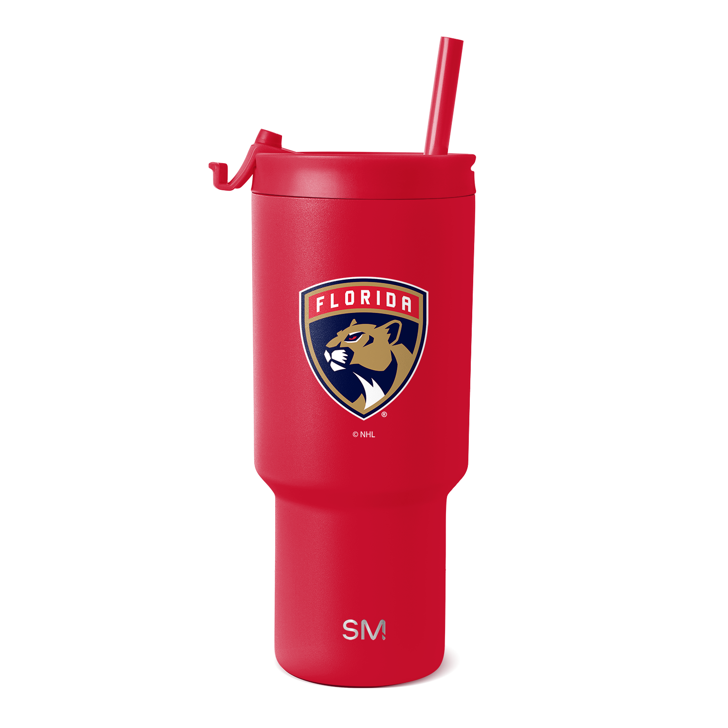 Red tumbler with matching red lid, handle, and straw. Features Florida Panthers logo in navy blue and gold.