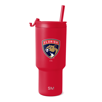 Red tumbler with matching red lid, handle, and straw. Features Florida Panthers logo in navy blue and gold.