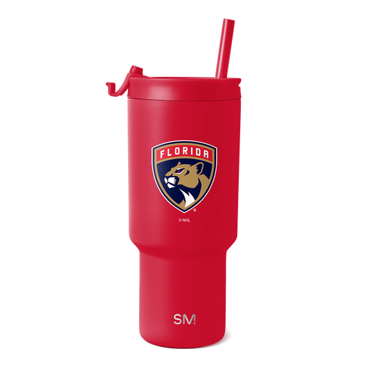 Red tumbler with matching red lid, handle, and straw. Features Florida Panthers logo in navy blue and gold.