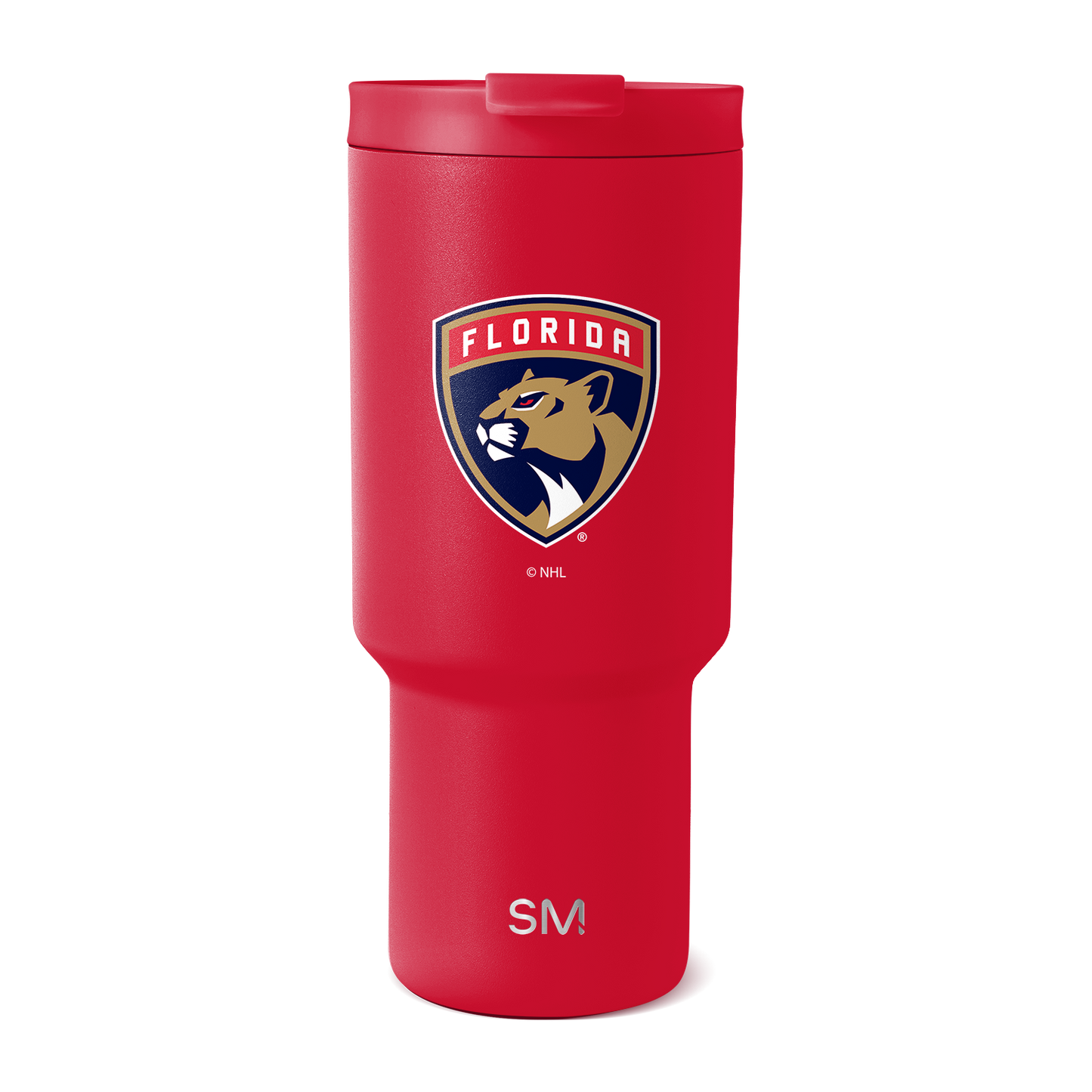 Bright red tumbler with navy blue, gold, and white Florida Panthers NHL logo graphic