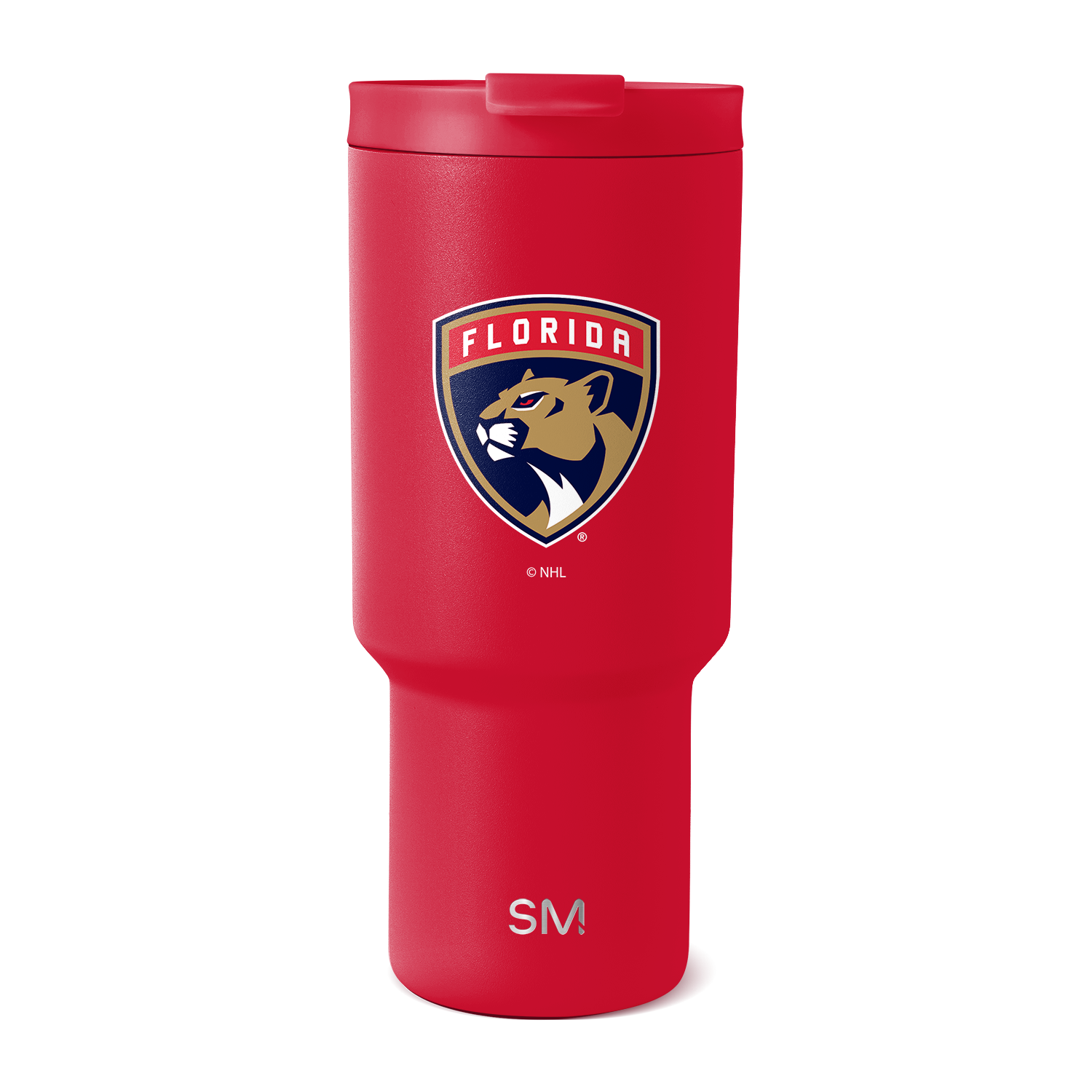 Bright red tumbler with navy blue, gold, and white Florida Panthers NHL logo graphic