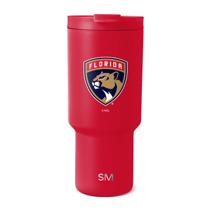 Bright red tumbler with navy blue, gold, and white Florida Panthers NHL logo graphic