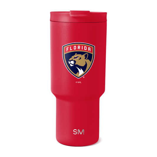 Bright red tumbler with navy blue, gold, and white Florida Panthers NHL logo graphic