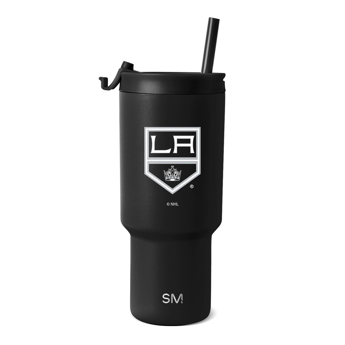 Black matte tumbler with white logo and text branding on white background