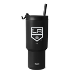 Black matte tumbler with white logo and text branding on white background