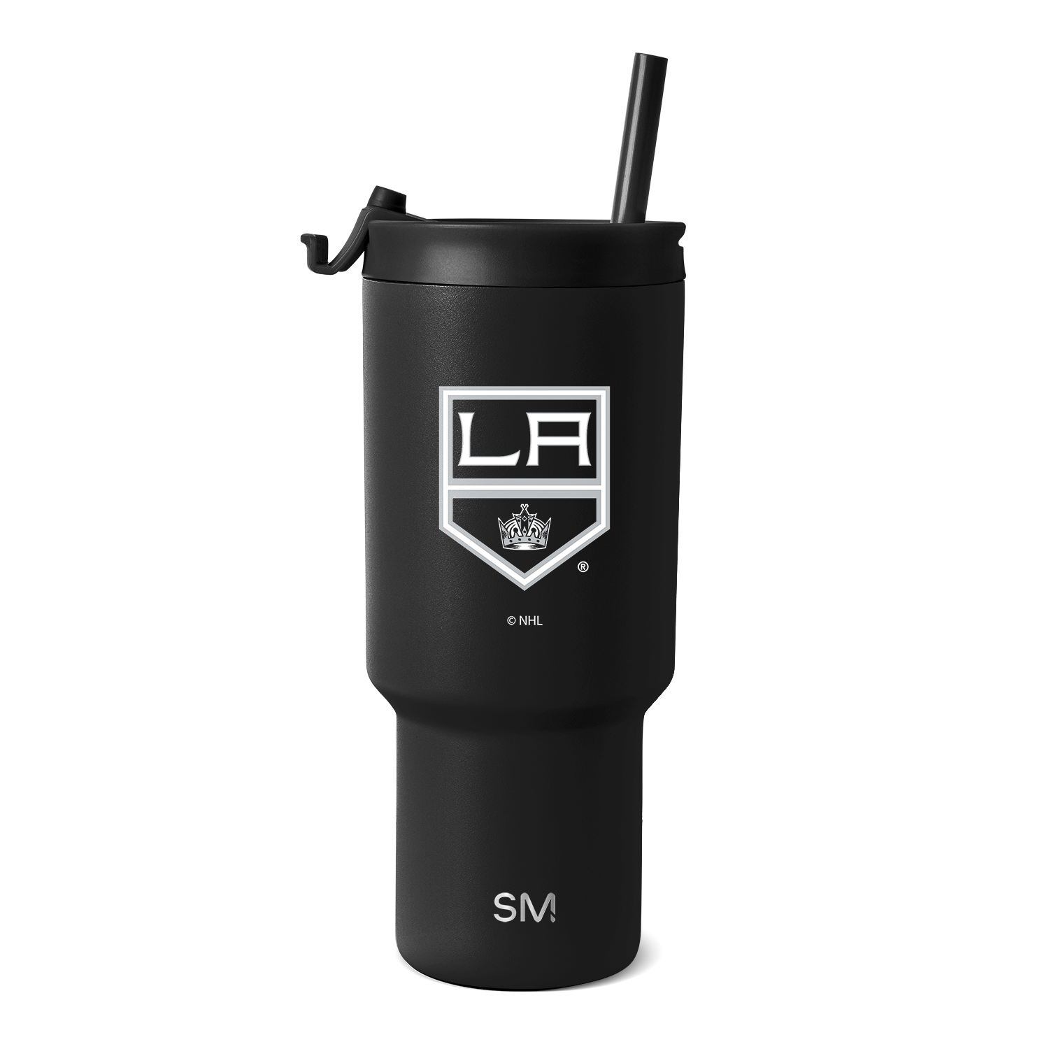 Black matte tumbler with white logo and text branding on white background