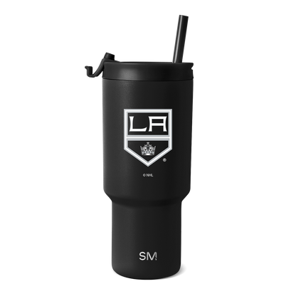 Black matte tumbler with white logo and text branding on white background