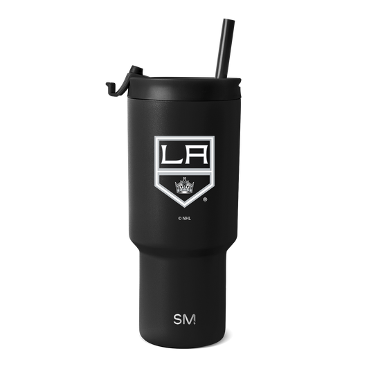 Black matte tumbler with white logo and text branding on white background