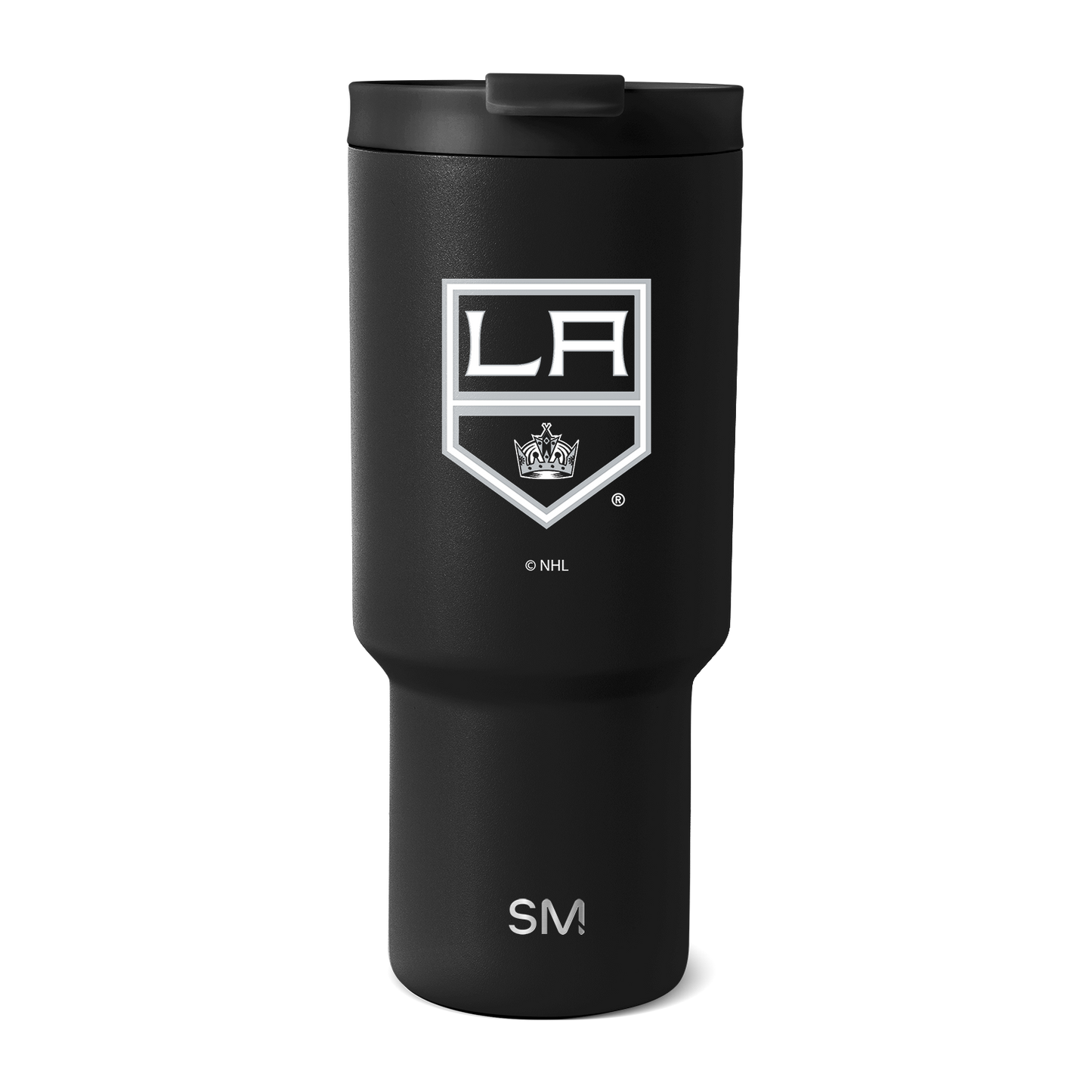 Matte black tumbler with white logo and branding details