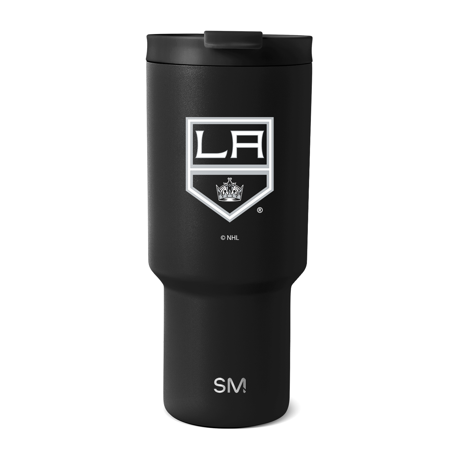Matte black tumbler with white logo and branding details
