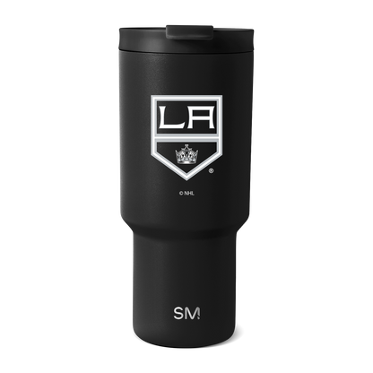 Matte black tumbler with white logo and branding details