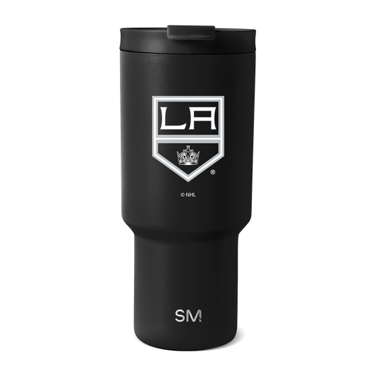 Matte black tumbler with white logo and branding details