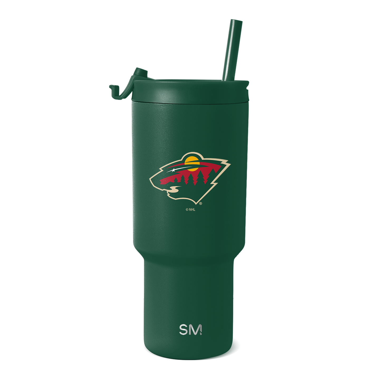 Forest green stainless steel tumbler with cream-colored branding accents