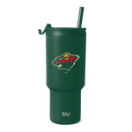 Forest green stainless steel tumbler with cream-colored branding accents