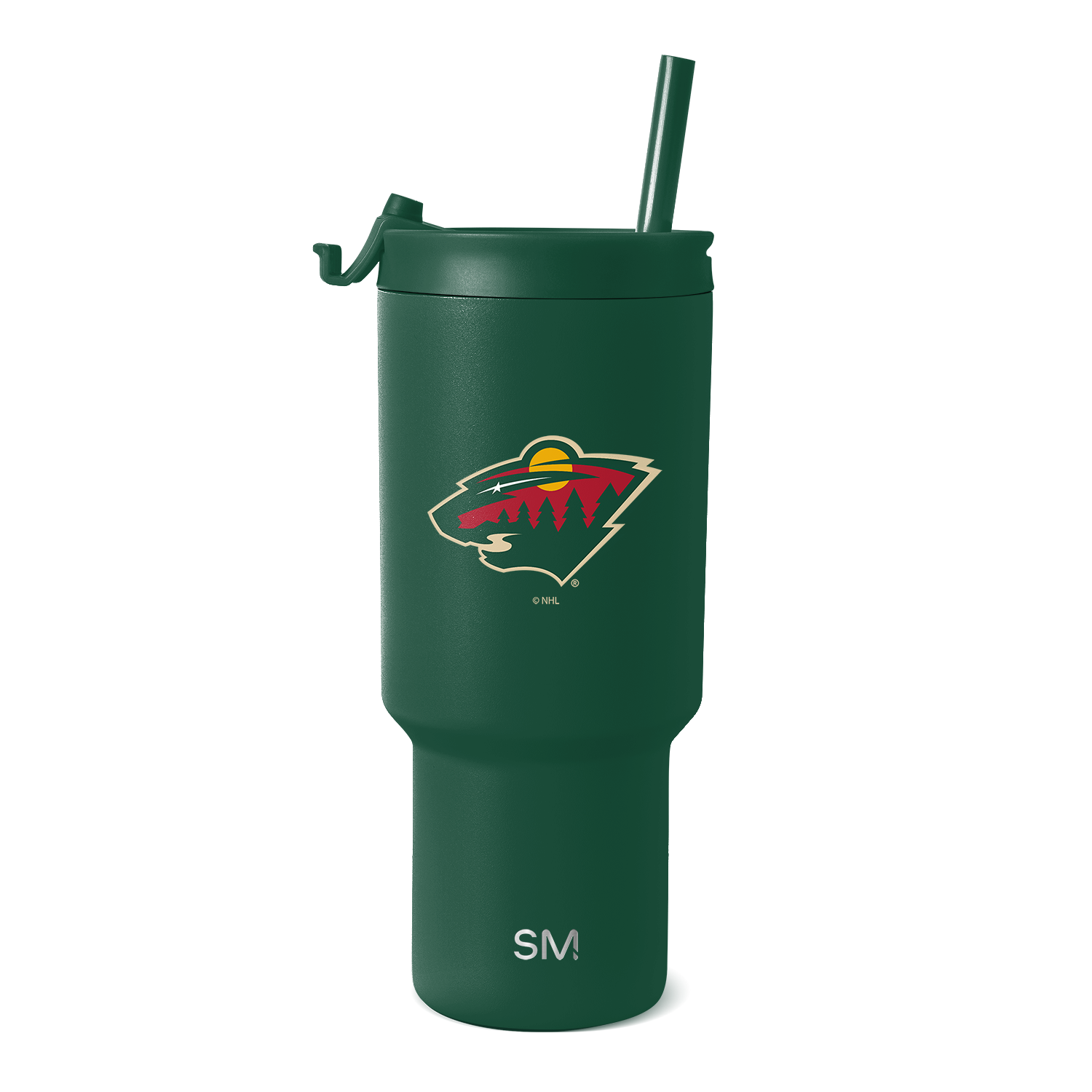 Forest green stainless steel tumbler with cream-colored branding accents