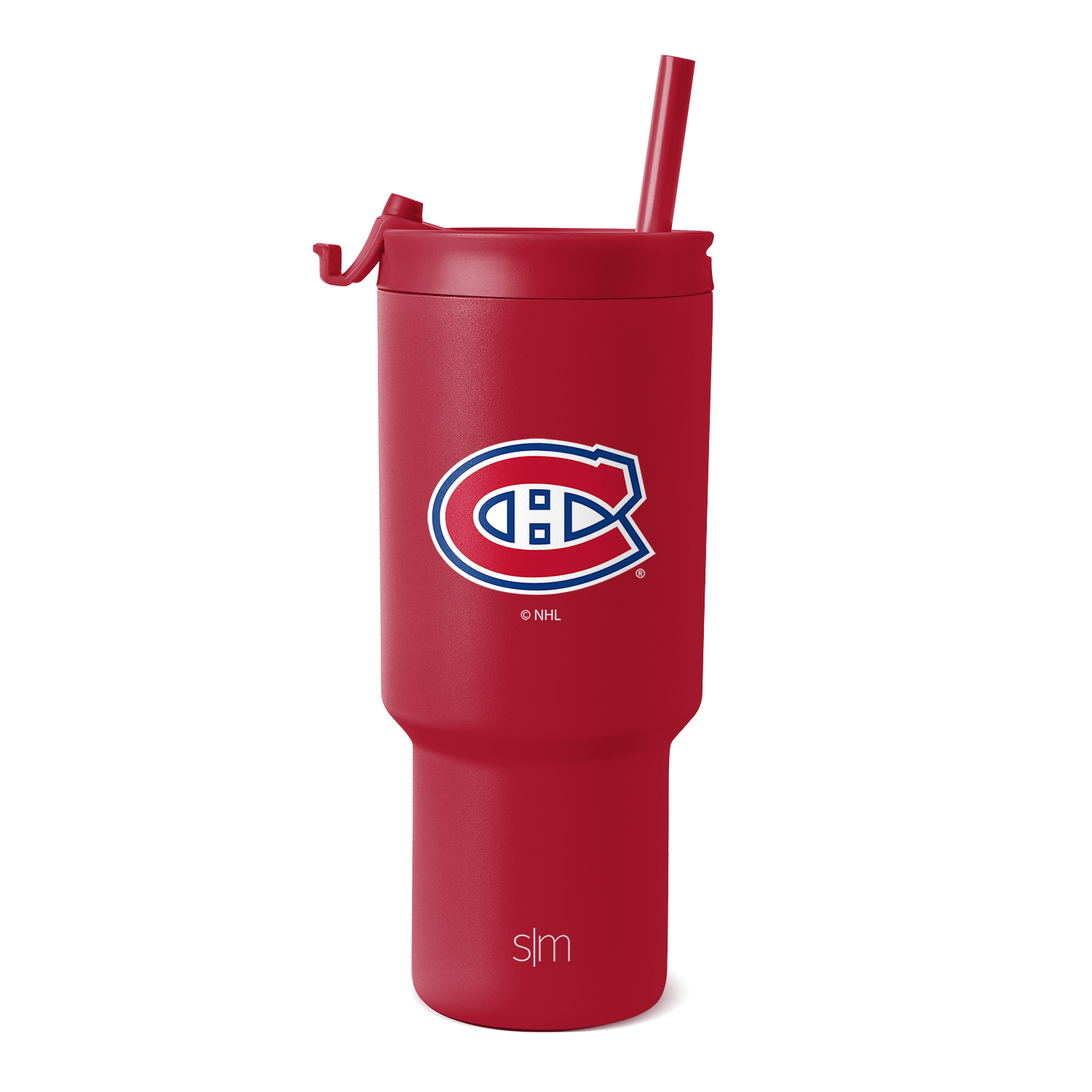 Cardinal red tumbler with white and navy blue logo accents on white background