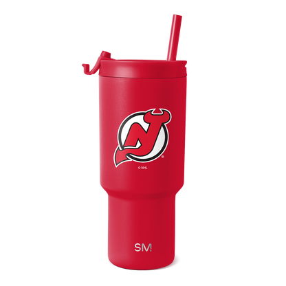 Bright red product with white logo and black outlines, featuring brand text and design elements on clean background