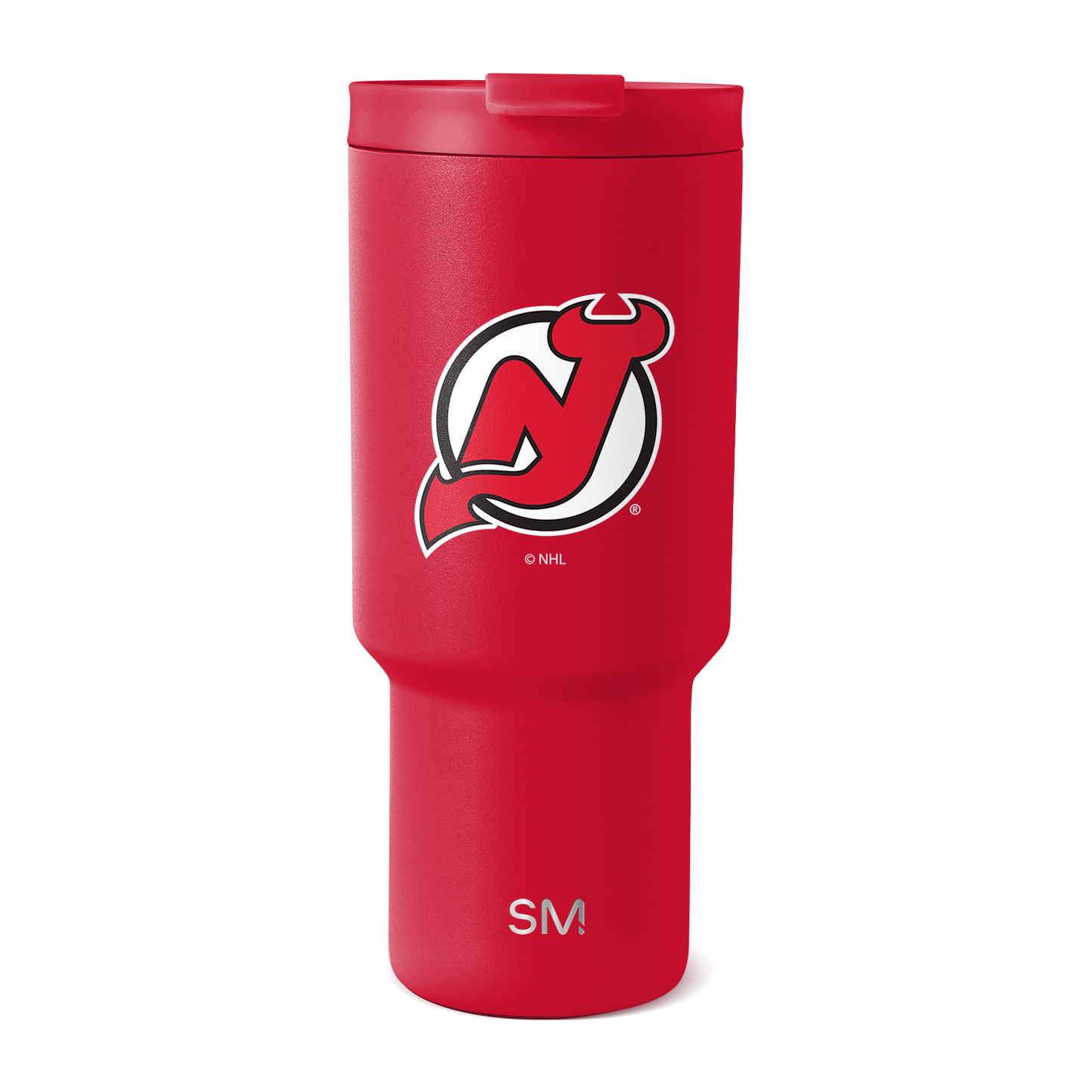 Red tumbler with white logo and SM branding, featuring black and gray accents