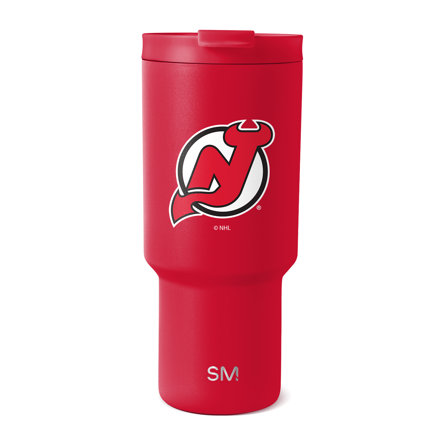 Red tumbler with white logo and SM branding, featuring black and gray accents