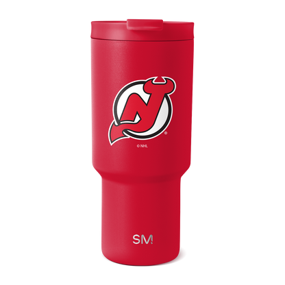 Red tumbler with white logo and SM branding, featuring black and gray accents