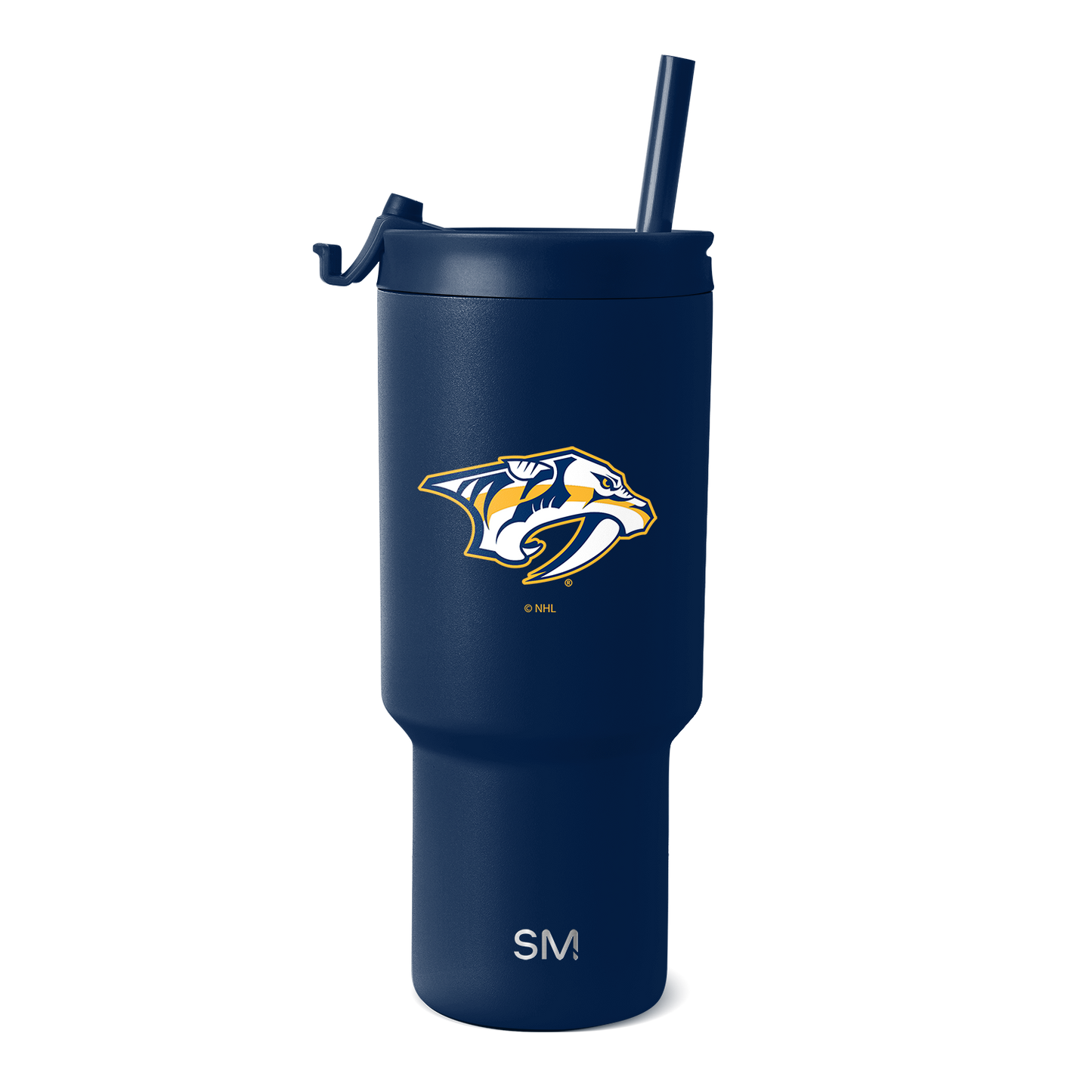 Deep navy blue insulated tumbler with navy lid and tapered base, shown against white background