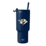Deep navy blue insulated tumbler with navy lid and tapered base, shown against white background
