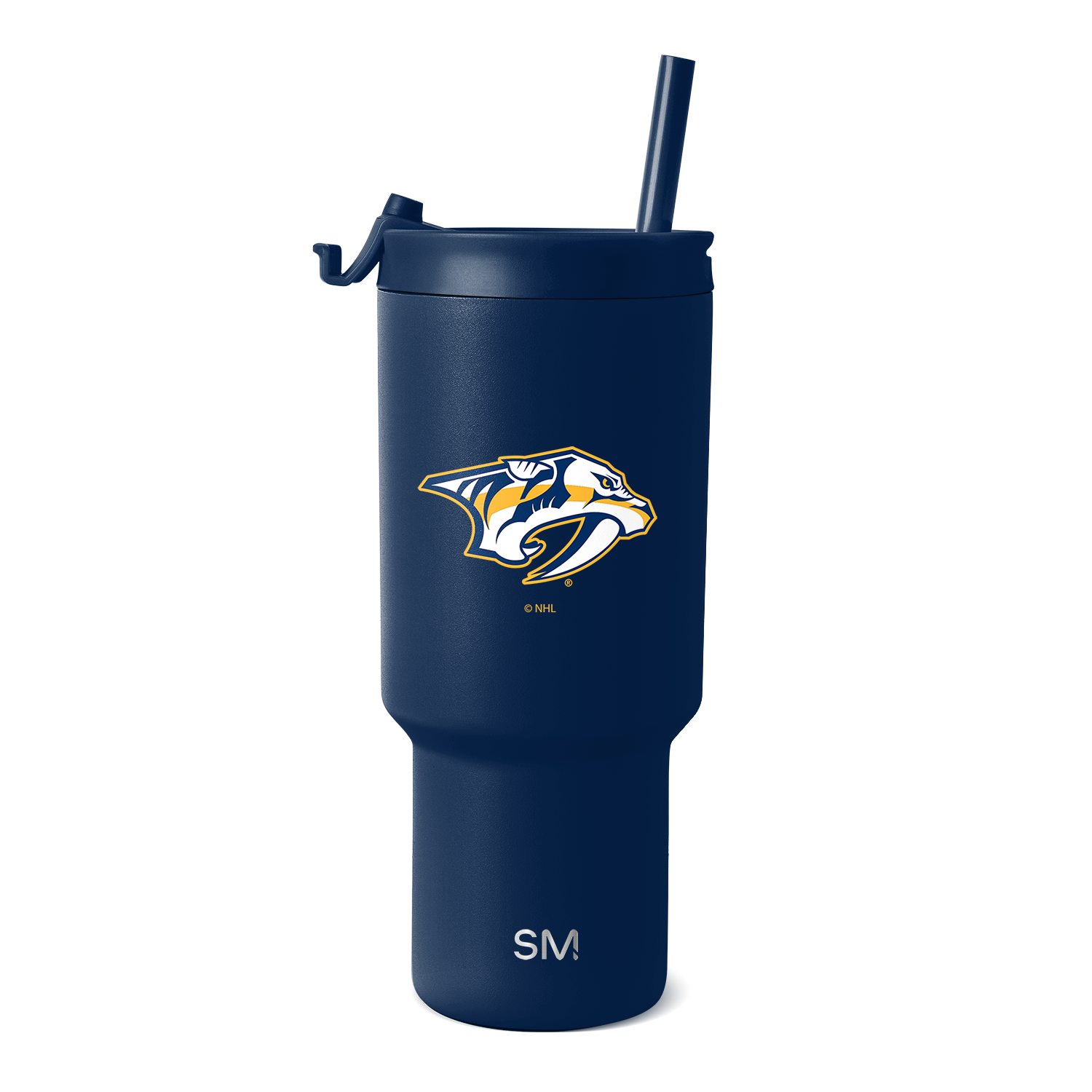 Deep navy blue insulated tumbler with navy lid and tapered base, shown against white background