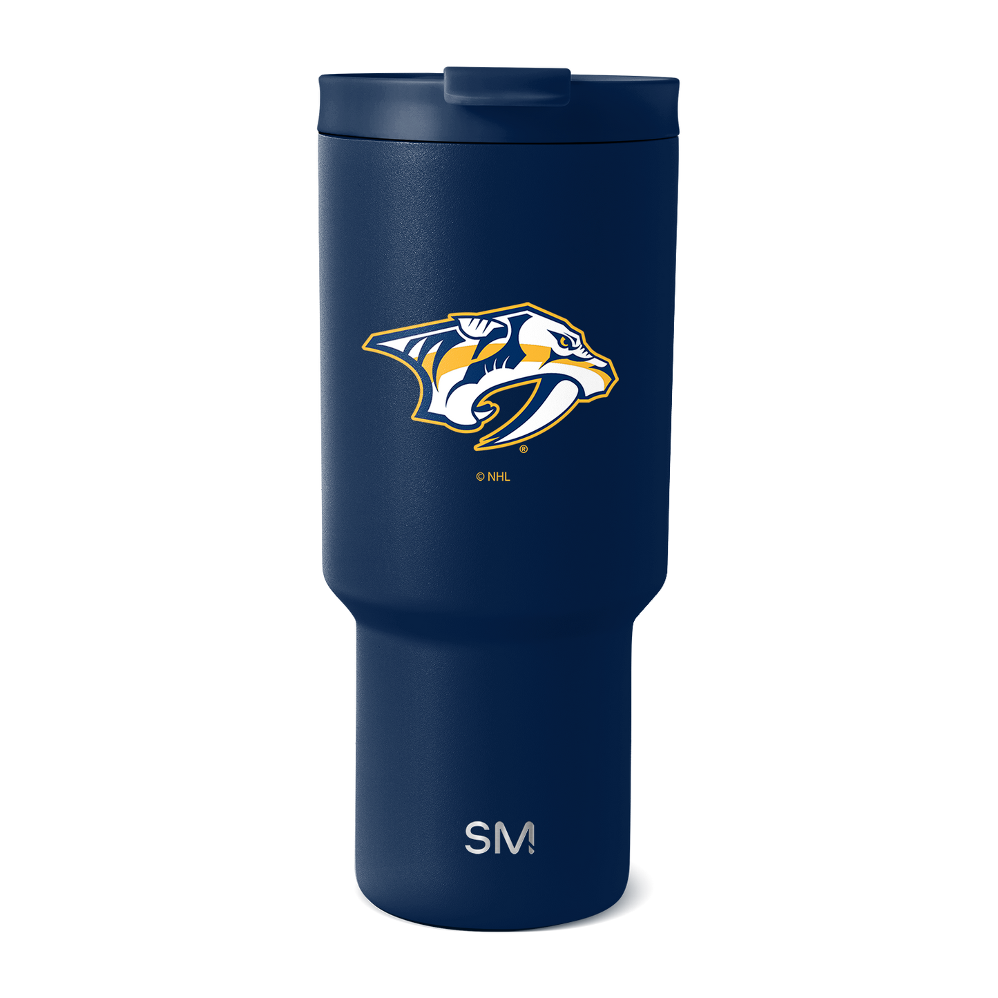 Navy blue insulated tumbler with white, gold, and yellow team logo and branding on the front