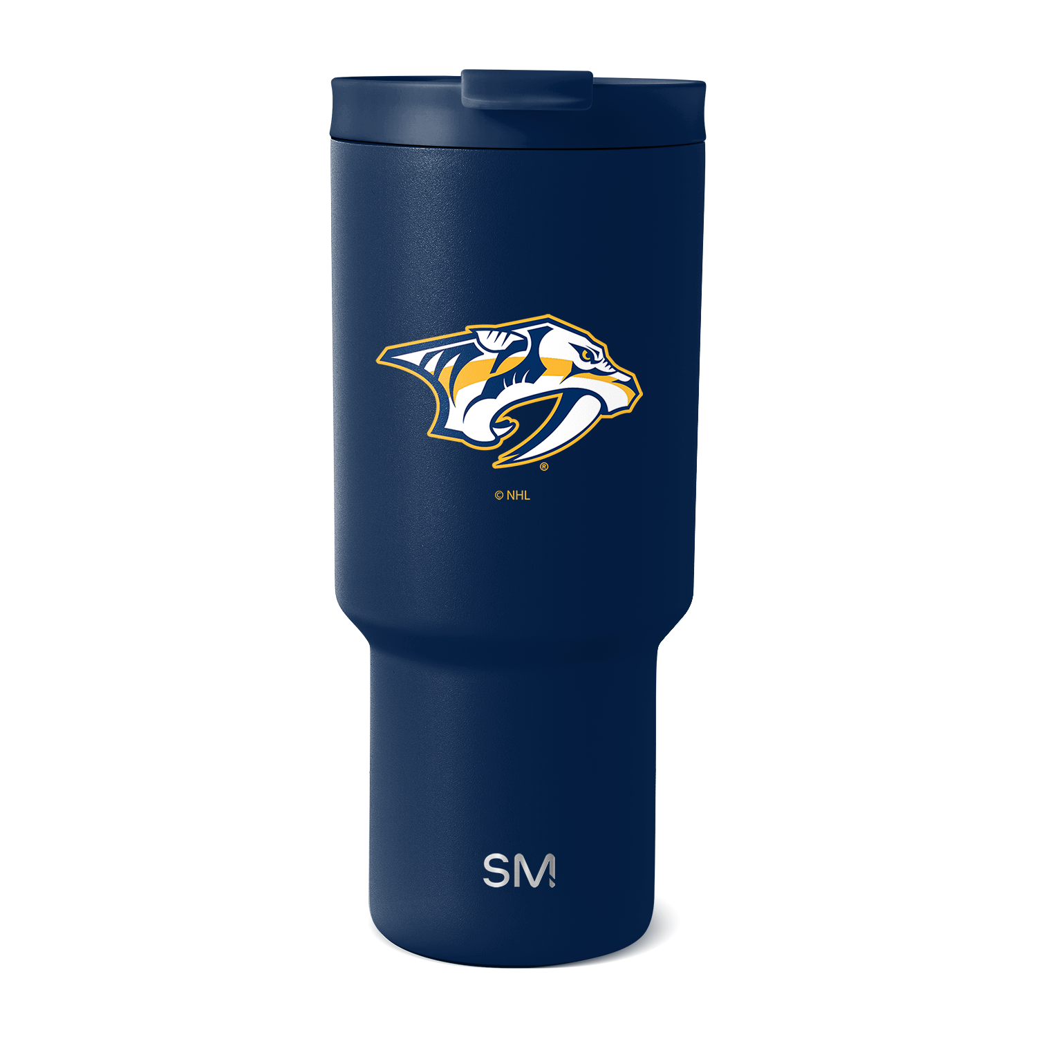 Navy blue insulated tumbler with white, gold, and yellow team logo and branding on the front