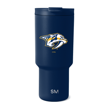 Navy blue insulated tumbler with white, gold, and yellow team logo and branding on the front