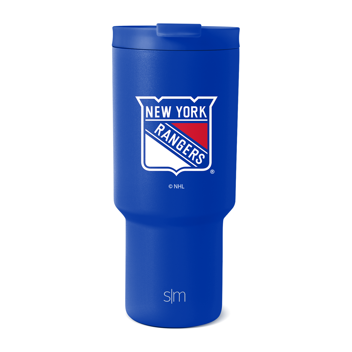 Royal blue tumbler with white logo and red team shield, New York Rangers branding on cylindrical body