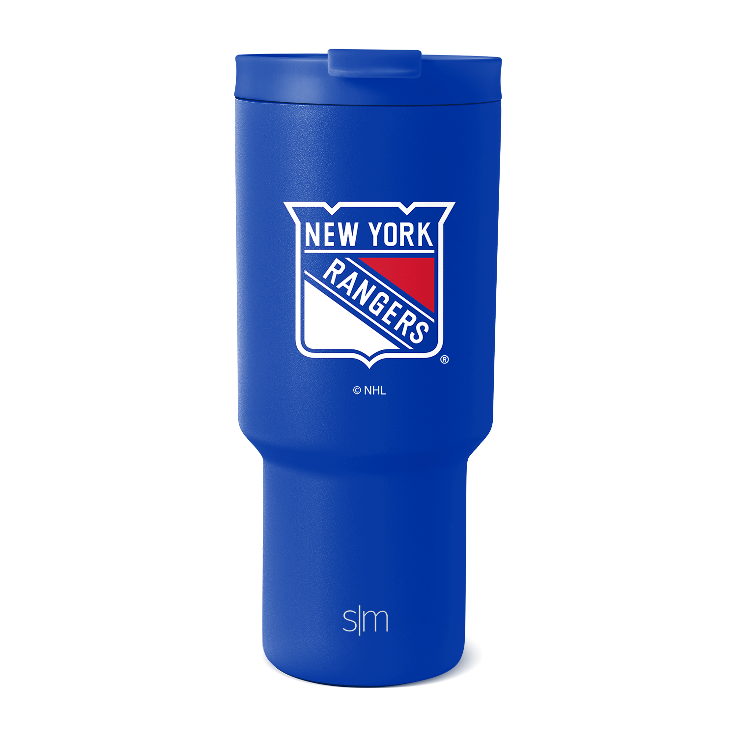 Royal blue tumbler with white logo and red team shield, New York Rangers branding on cylindrical body
