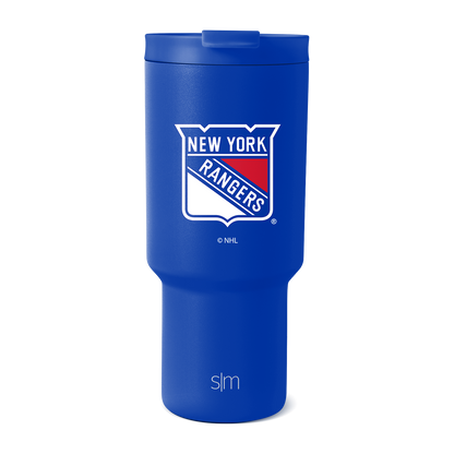 Royal blue tumbler with white logo and red team shield, New York Rangers branding on cylindrical body