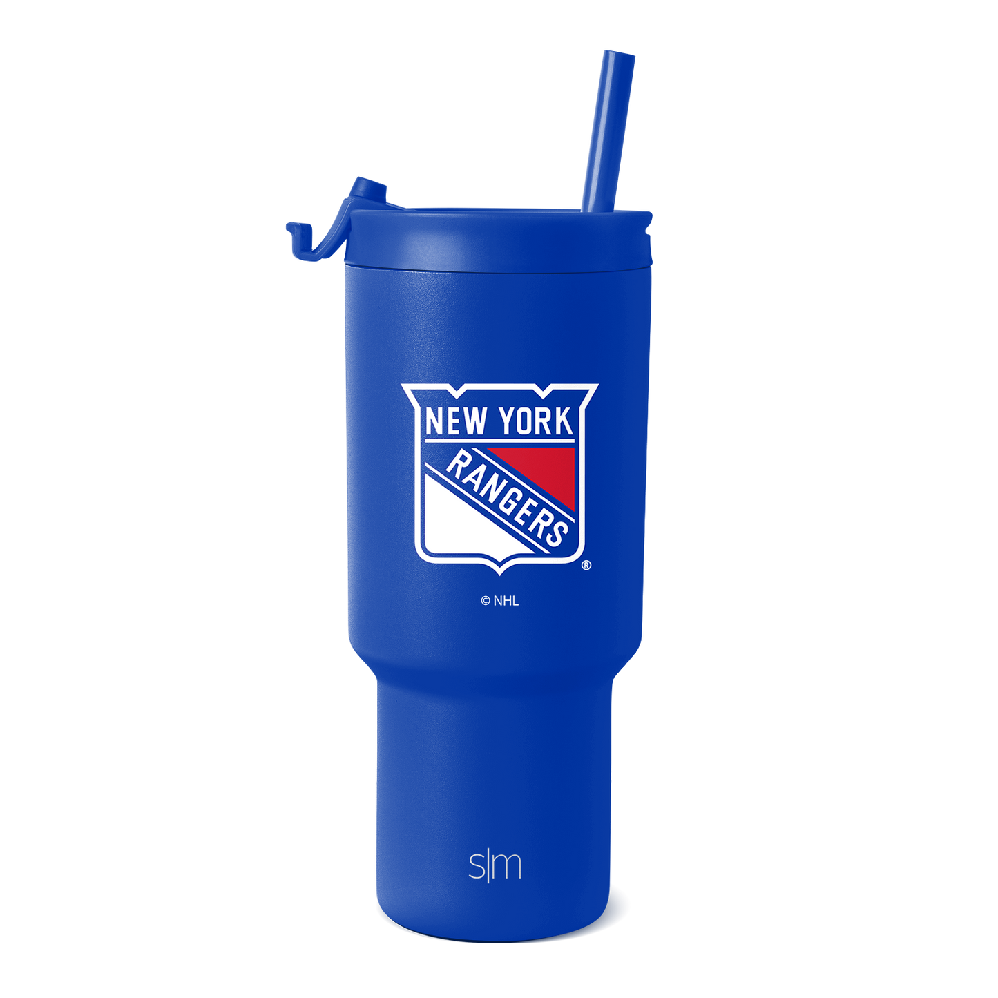 Royal blue tumbler with New York Rangers logo featuring white and red accents