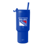 Royal blue tumbler with New York Rangers logo featuring white and red accents