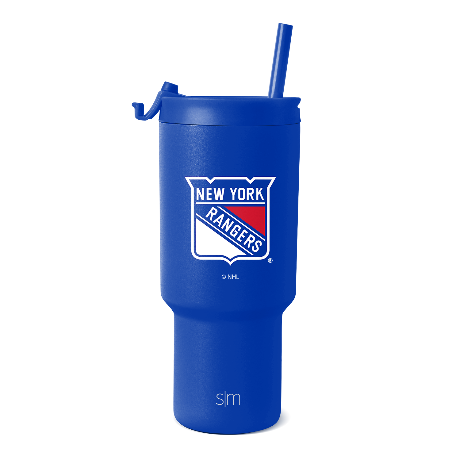 Royal blue tumbler with New York Rangers logo featuring white and red accents