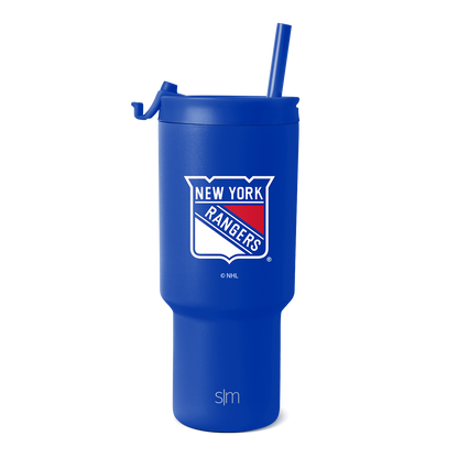 Royal blue tumbler with New York Rangers logo featuring white and red accents