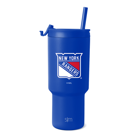 Royal blue tumbler with New York Rangers logo featuring white and red accents