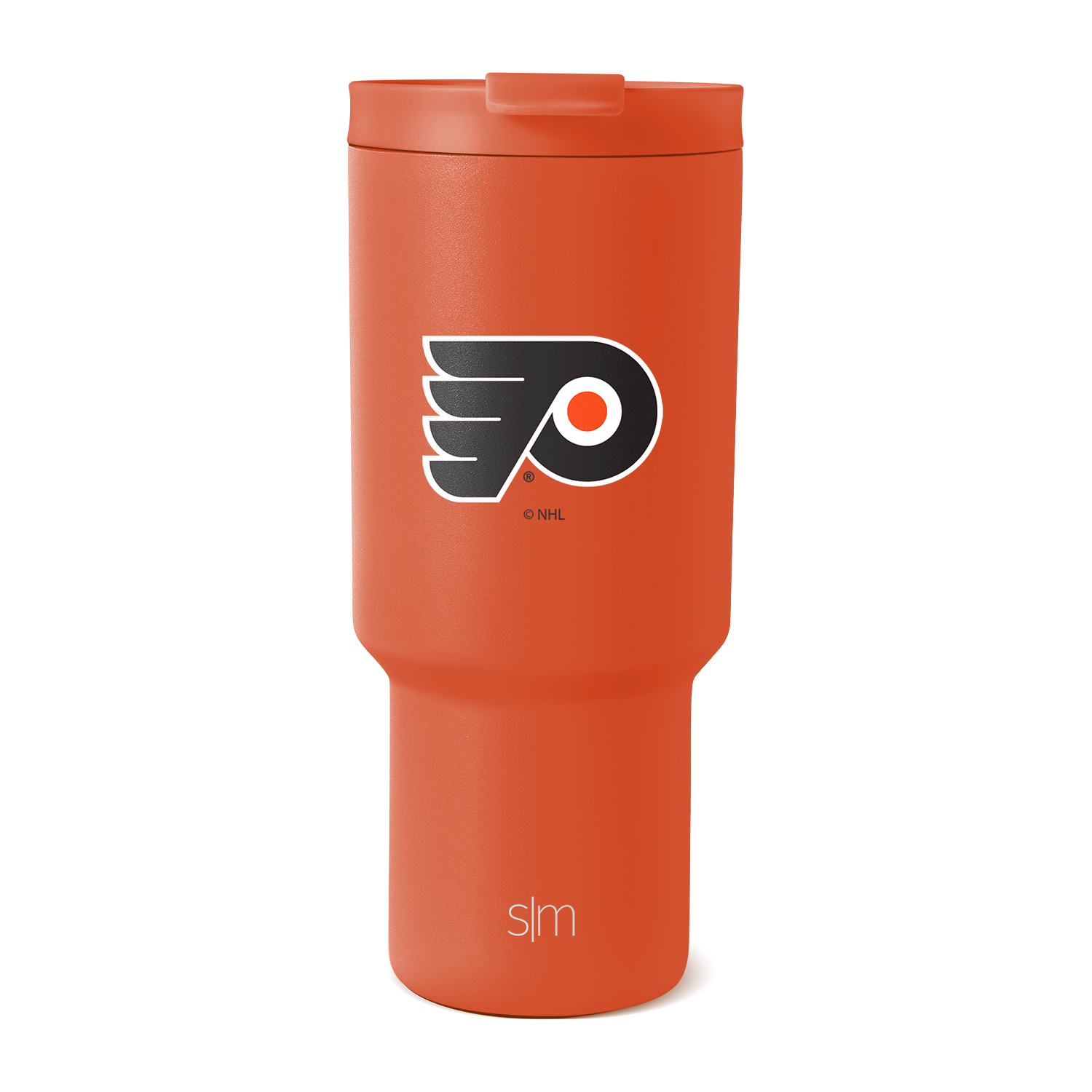 Burnt orange tumbler with matching darker orange-red lid, Philadelphia design