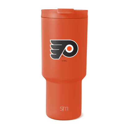 Burnt orange tumbler with matching darker orange-red lid, Philadelphia design