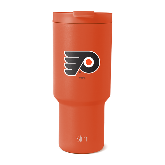 Burnt orange tumbler with matching darker orange-red lid, Philadelphia design