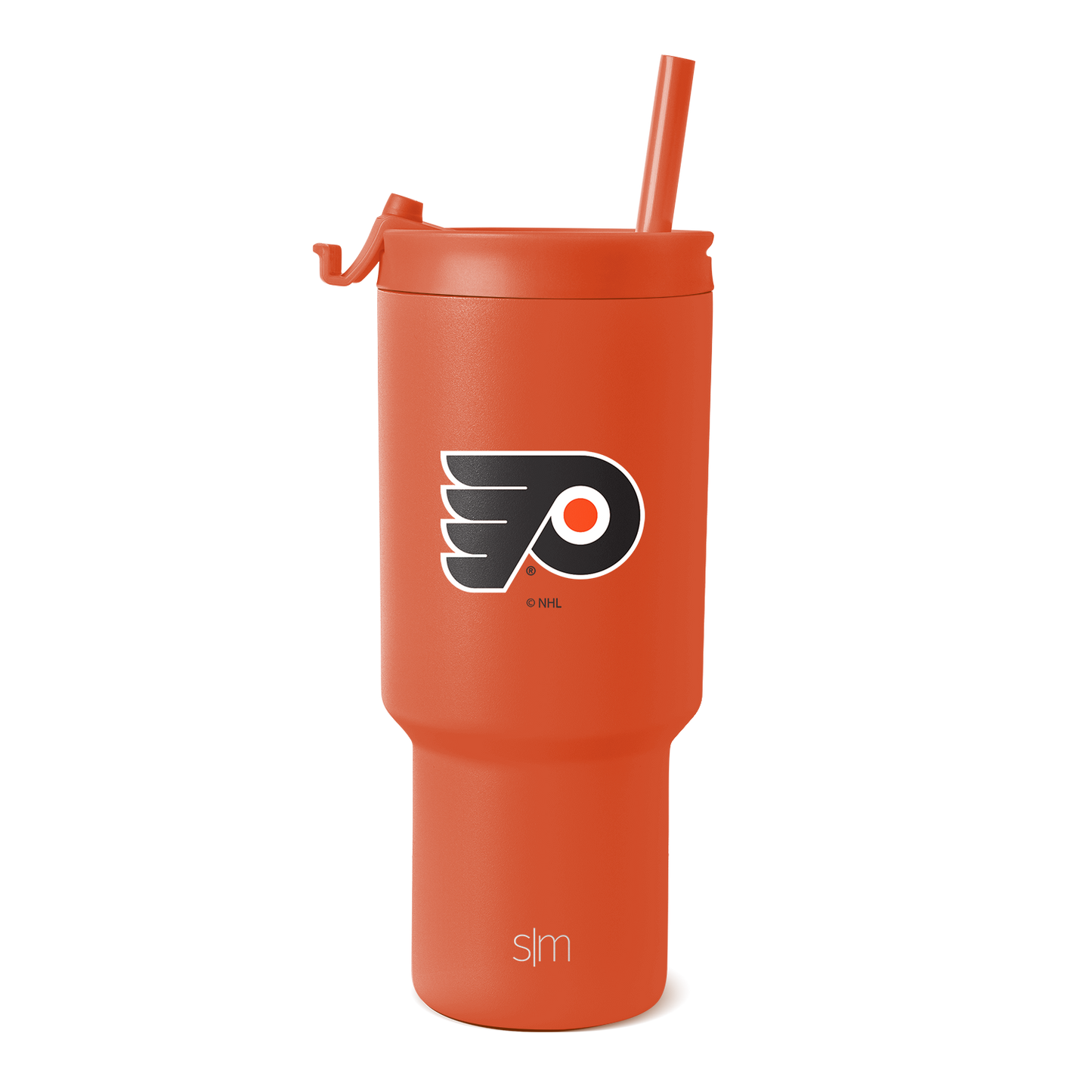Vibrant coral-orange tumbler on white background