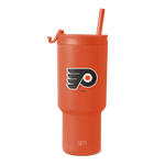 Vibrant coral-orange tumbler on white background