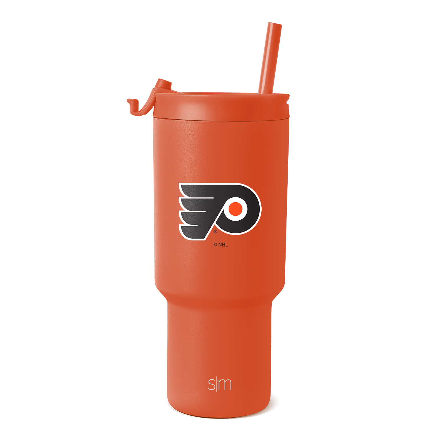 Vibrant coral-orange tumbler on white background